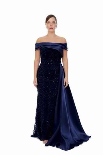 Abito da sera taglie forti blu navy con colletto in raso e paillettes